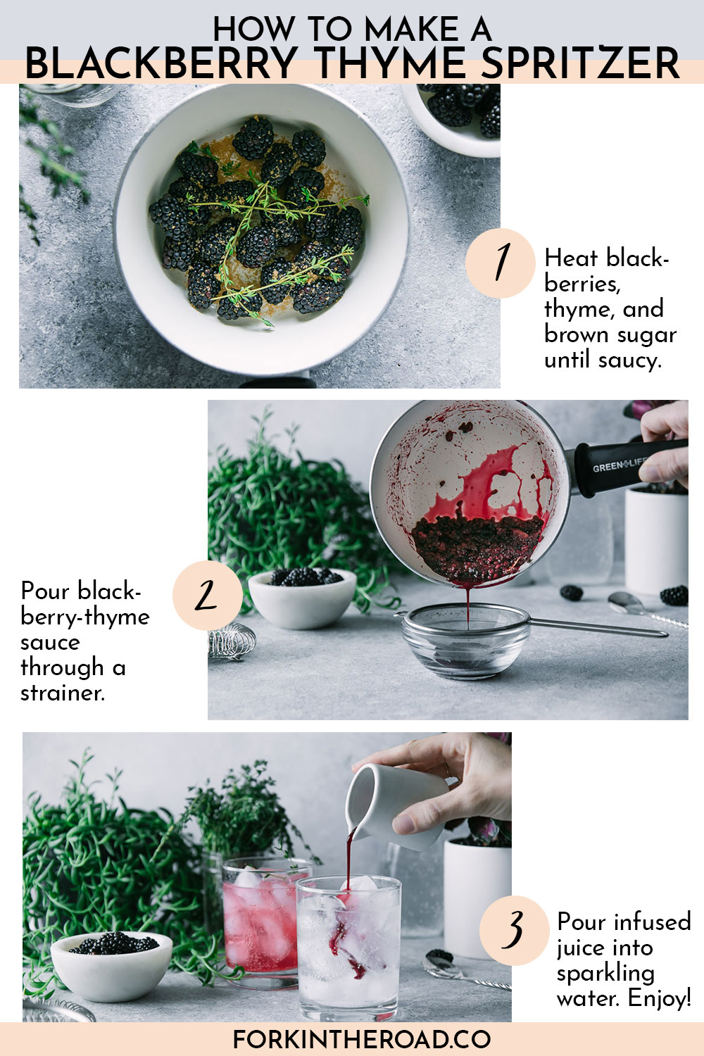 一步一步的照片如何使水果和草药注入气泡水，一个黑莓百里香喷雾