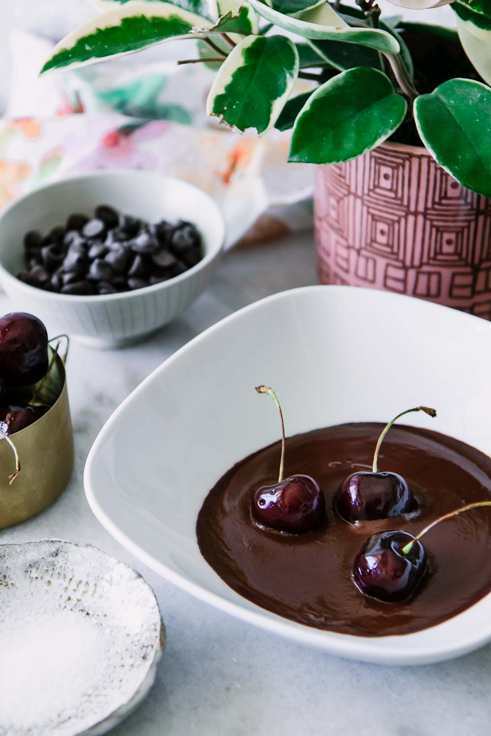 一碗白色的融化的巧克力，上面有三个黑樱桃裹着巧克力，桌上放着一棵绿色的植物gydF4y2Ba
