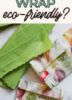 a graphic with a photo of beeswax wrap on a white table and the words