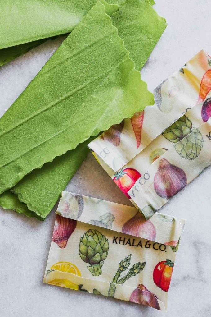 green and patterned beeswax wrap on a white table